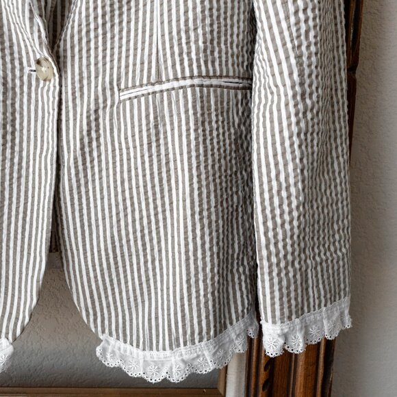 A New Day Women’s Size 10 Seersucker Blazer 100% Cotton Striped Jacket Lace Trim - Picture 5 of 9